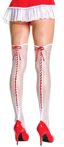 Image of ToBeInStyle Women's Lace Up Back Seam Tights Sheer or Opaque Hosiery Stockings Crisscross Lace Ribbon Zigzag Design