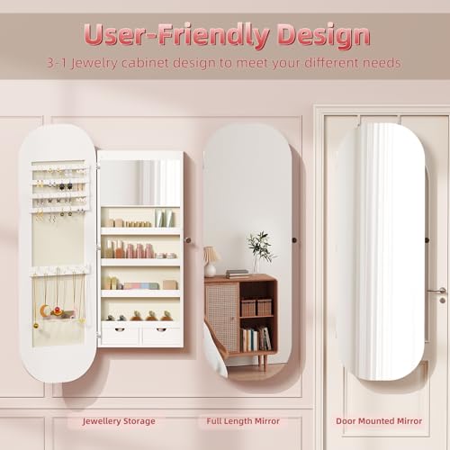 44'' Full Length Mirror Jewelry Cabinet, Lockable Wall-Mount or Door Hanging Jewelry Armoire with Interior Led Mirror & Storage Shelf, White 7