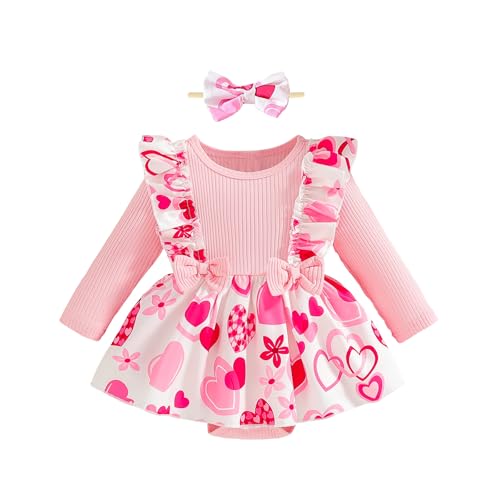 Image of WOLBAY Newborn Infant Valentines Baby Girl Outfit Love Print Romper Drees Ruffles Bodysuit Jumpsuit Clothes And Headband