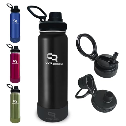CoolReady 24 oz Black Insulated Water Bottle with Straw & Spout Lids – Slim Stainless Steel Thermo Flask, Cup Holder Friendly Design, Double Wall Cold 24 H Hot 12 H + Silicone Boot for Travel & Gym