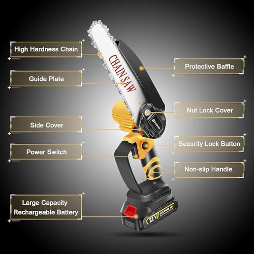 Image of Mini Chainsaw Cordless 6 Inch, Electric Chain Saw, Cordless Small Chainsaw, Battery Powered Hand Saw With Security Lock for Trees Branches Trimming Wood Cutting