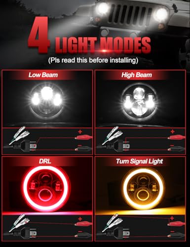 Uni-Shine J003BR7A02H1 7 Inch Red Halo Led Headlight Hi/Lo Beam With Amber Turn Signal 2Pcs 7 Inch Led Headlight Dot Round H6024 Led Headlight Compatible With Jeep Wrangler Jk Tj Cj thumb #3