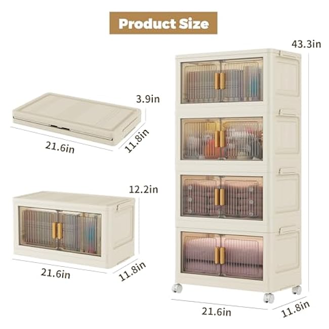 4 Tier Stackable Plastic Storage Bins with Lids 48QT, Collapsible Closet Organizers and Storage with Wheels for Living Room,Office,Dorm