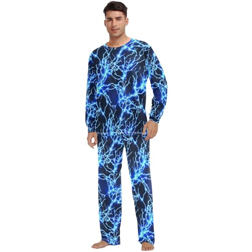 Unisex Pajama Set Blue Lightning Bolt Family Matching Long Sleeve 2 Piece Sleep Lounge Set for Men & Women