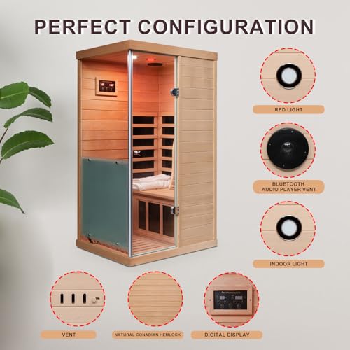 LTCCDSS Infrared Sauna, 1 Person Far Infrared Sauna for Home, with 1060W Indoor Sauna with Bluetooth Speakers, LED Reading Lamp, Red Lamp, 2 Tempered Glass Door, Hemlock Wood Sauna Room Left Door - Image 4