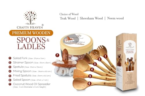 Image of Neem Wooden Handmade Cooking Spoon Utensils Compact Flip Frying Ladles Turning Spatula Oil Spreader Nonstick Safe Non Toxic Kitchen Tools Gift (Without Holder /Stand) Set of 7