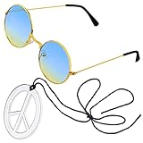 Beelittle Hippie Kostümzubehör für Herren und Damen - Retro Hippie 60er Jahre Kreis Brille Friedenszeichen Halskette (Blau Gelb)