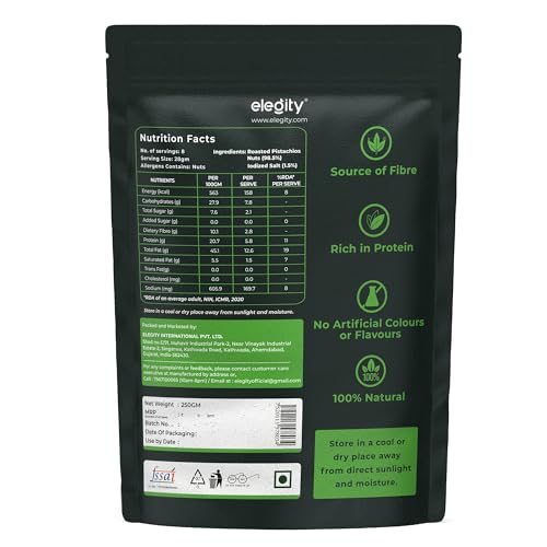 Image of Elegity California Salted Pistachios Pouch 250 gm | Namkeen Pista Dry Fruit | Crunchy, Tasty & Healthy | Rich in Fibre & Protein | No Added Preservatives & Colour in Nutritious Nuts