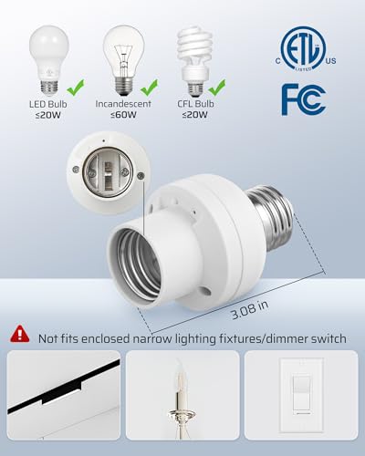 dewenwils remote control light bulb socket wireless light switch for pull chain light fixture remote light socket e26 e27 bulb base with wall mounted wireless controller no wiring etl listed