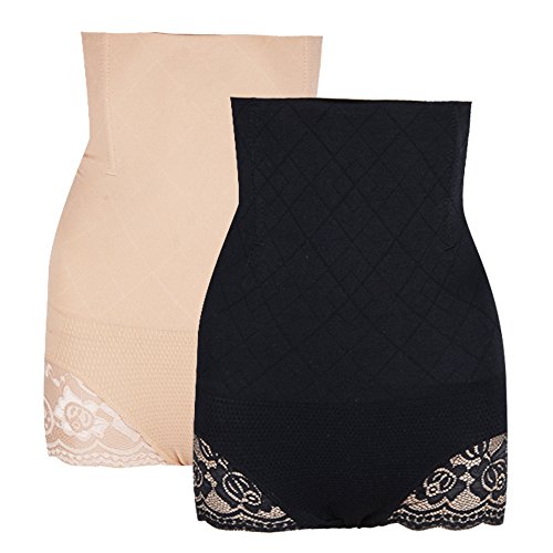 AONER 2pcs Femme Culotte Gainante Taille Haute Panty Minceur avec Armature Body Gaine Amincissante Ventre Plat Push Up Fesse Invisible Lingerie Sculptante Sexy Dentelle (XL/XXL)