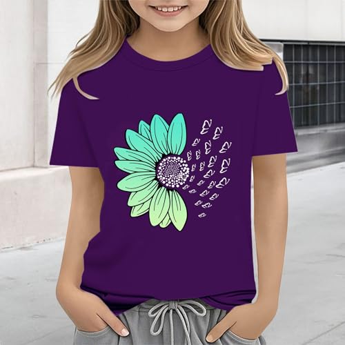 Girls Loose Fit Sunflower Graphic T Shirts Short Sleeve Crewneck Cute Pattern Printed Tops Kids (I-Purple, 2-3 Years)4