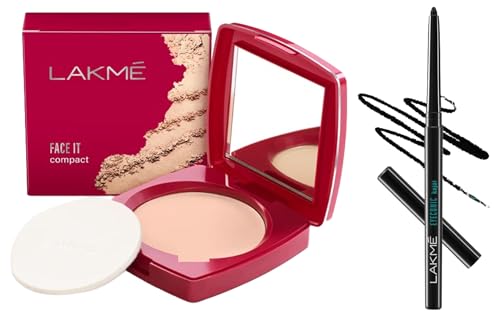 Image of LAKME Eyeconic Black Kajal, Matte Kohl Liner In A Twist Up Pencil - Waterproof, Smudge Proof & Long Lasting Eye Makeup, 0.35 G&Lakme Face It Compact, Pearl, 9 G, Brown