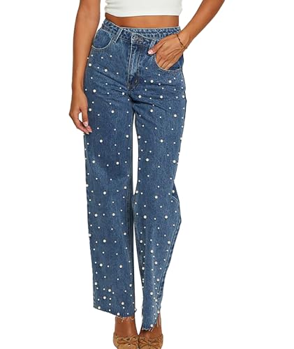 Sexyshine Women's High Waisted Pearl Jeans Beaded Baggy Straight Wide Leg Raw Edge Stretchy Denim Pants2