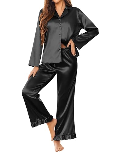 Ekouaer Silk Satin Pajamas Set Womens Long Sleepwear Button Down 2 Piece Classic Soft Loungewear Pjs Set Black Medium