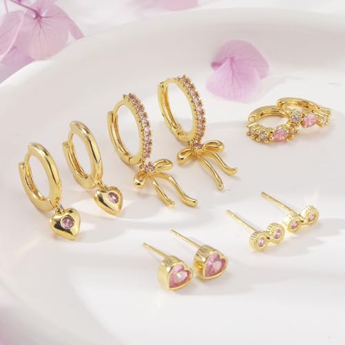 Gold Earrings Set for Women 14K Gold Plated Cubic Zirconia Love Heart Bowknot Clover Fruit Flower Insect Ocean Cross Huggie Hoop Earrings Stud Earrings Set for Multiple Piercing Party Jewelry Gifts3