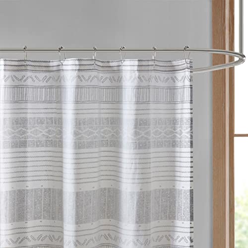 Image of Ink+Ivy Cody 100% Cotton Shower Curtain, Boho Chic Printed Striped with Tassel Pompom, Fringes Trim, Modern Bathroom Decor, Machine Washable 72 inch x 72 inch Grey /Navy
