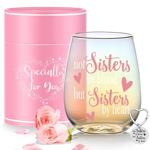 Yalucky Calice da vino iridescente senza stelo per il migliore amico regalo di compleanno con scritta "Not Sisters by Blood but Sisters by Heart", idea regalo per donne e ragazze(Iridescente)
