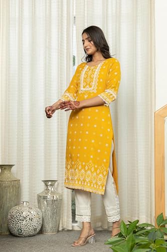 Image of Juniper Mustard Yellow Embroidered Straight Kurta