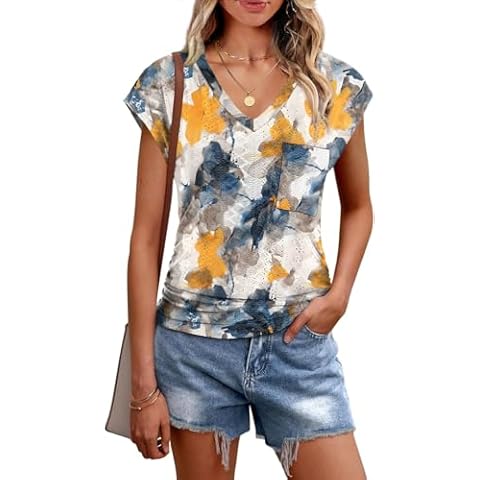 BKRIVE Womens Tops Cap Sleeve V Neck T Shirts for Women Casual Loose Basic Tee Summer Shirts 2025 Trendy Clothes Floral Yellow Blue XL Cover