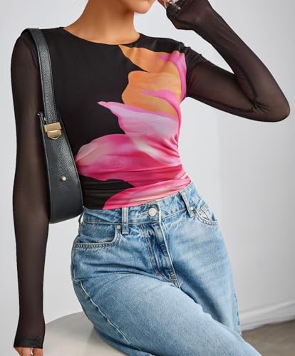 ZESICA Womens Floral Mesh Going Out Tops Fall Long Sleeve Crewneck Slim Fit Ruched Y2k Shirts Beach Vacation Outfits3