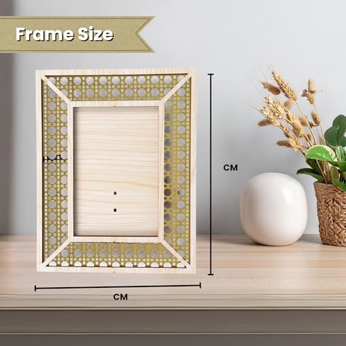Image of Rectangle Wooden Photo Frame 23 x 18 cm | Decorative Picture Frame with Rattan Laser Cut Border & Clear Acrylic Front | Wall & Tabletop Display for Home Decor
