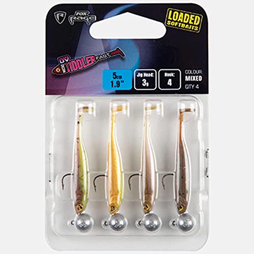Fox Rage Micro Tiddler Fast Mixed UV Colour Pack 5cm 3g - 4 Shads zum Barschangeln, Gummiköder, montierte Gummifische