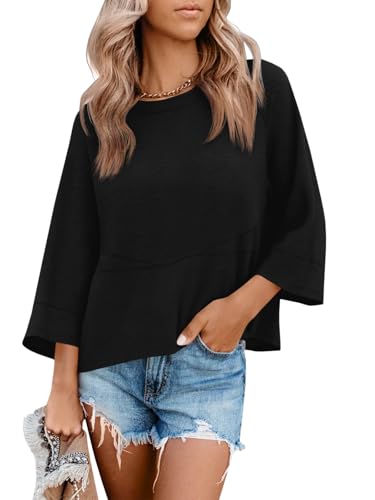 Womens 3/4 Batwing Sleeve Tops Casual Loose Fit Crewneck Shirts Fall Flowy Trendy Tees Blouse