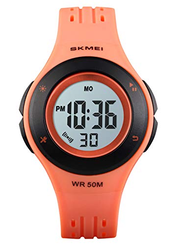 Montre Digitale Enfant Fille Garçon Etanche 50 M LED Lumière Montre Electrique Sport Multifonction Affichage 12/24 Chronomètre Alarme Couleur Orange Cover