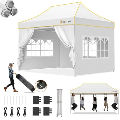 Image of Hoteel Gazebo, 3 x 4.5 cm, Waterproof, Stable, Winterproof, Reinforced Folding Gazebo with Hexagonal Tube Frame, Anti-UV Party Tent, Foldable Garden Gazebo for Markets, Carry Bag with Wheels, 4 Sand