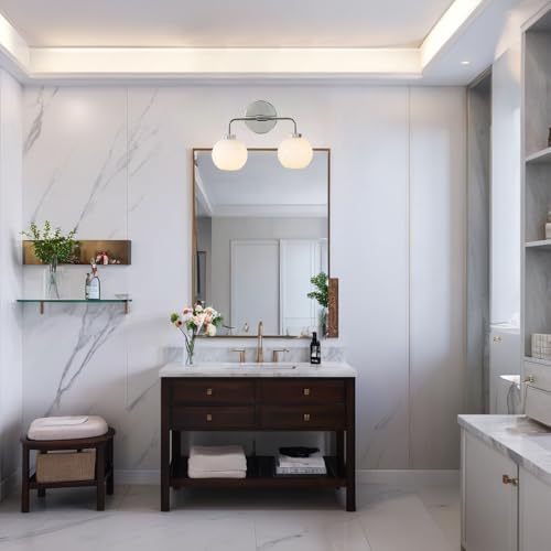 Image of 17 Inch Modern Glass Globe Double Sconce, Polished Chrome Metal Finish Wall Light for Bedroom, Hand-Polished Milky Glass Vanity Light Over Mirror, Elegant Light Fixtures for Indoor
