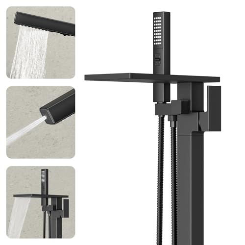 Image of Ryuwanku Freestanding Bathtub Faucet with Handheld Sprayer, Matte Black Floor Mount Tub Filler, High Flow Waterfall Brass Bath Shower Faucet for Modern Bathroom