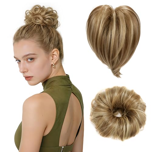 Kiiwah 2 Piezas Extensiones de Cabello Natural Corto & Moño Postizo, Con liga, Cabello Artificial, Coleta Postiza Pelo Accesorio para Mujer Niña (Marrón 10H248)