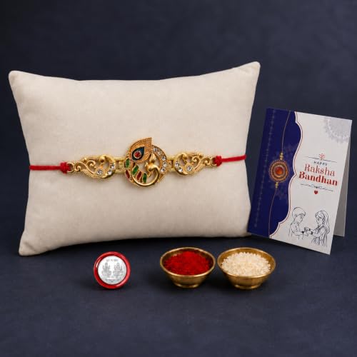 Image of Oblivion Rakhi for Brother - Peacock Design Stylish Rakhi for Bro with Silver Colour Pooja Coin, Greeting Card & Tilak Set - Traditional Raksha Bandhan Festive Gift Combo Pack for Bhai (K1 117)