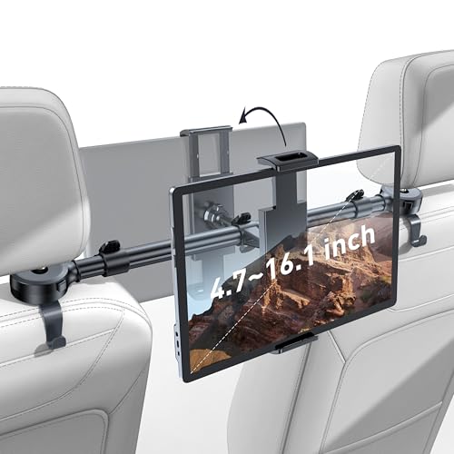 Car Headrest Tablet Holder for iPad: [Front & Rear Flip Mount] Adjustable Back Seat Tablet TV Portable Screen Holder, Car Road Trip Essentials for Kids Compatible with 4.7-16.1