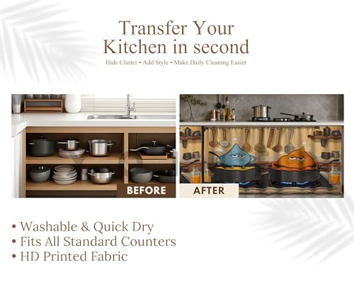 Image of Under Sink & Counter Curtain for Modular Kitchen - Printed Fabric Rod Pocket Hanging Skirt, Washable Under-Counter Cover, Pack of 2 Panels (Each Panel: 150 x 70 cm) (Golu Molu)