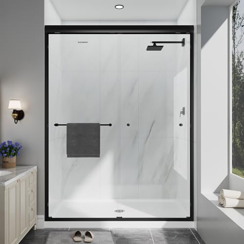 EASYWORC Double Sliding Shower Door, 55'-60' W x 70' H Semi-Frameless Glass Shower Door, 1/4'' (6mm) Clear SGCC Tempered Glass with Explosion-Proof Film and Nano Coating, Matte Black