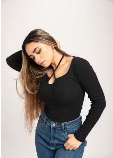 Image of Gampy Women's Lavender Long Sleeve Top, Criss-Cross Neck Design, Ribbed Knit Fitted Casual