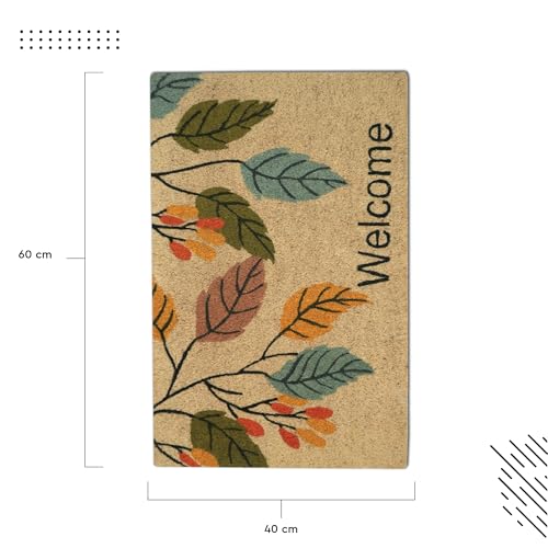 Image of Encasa XO Coir Door Mats for Home Entrance | (60x40 cm), Welcome Leaf | Thick Anti-Slip Doormat with PVC Back | Ideal for Indoor, Outdoor, Patio, and Office | Durable and Easy to Clean