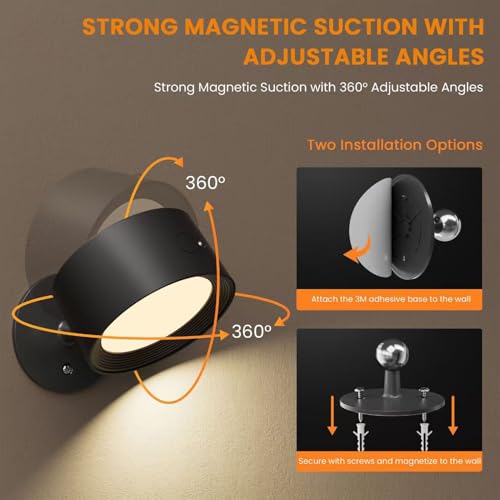 Image of Magnetic Wall Sconce Dimmable, 2 Pack Rechargeable Battery Operated USB, Picture Painting Wall Light with Remote, Halloween Christmas Lights LED Wall Mounted Lamp (Black#A)