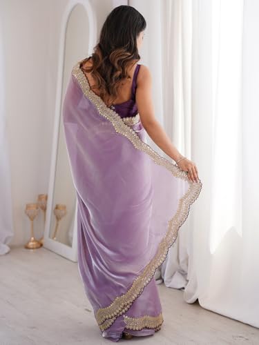 Image of AKHILAM Women's Shimmer Satin Sequence Embroidery Work Border Saree With Unstitched Blouse Piece