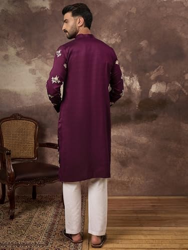 Image of Men's Calf Length Silk Blend Embroidered Solid Kurtas | Men | Kurtas for Mens | Straight Fit Kurta for Men's
