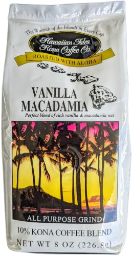 Hawaiian Isles Kona Coffee Co. Kona Vanilla Macadamia Nut Ground Coffee, Medium Roast, 8 ounce bag