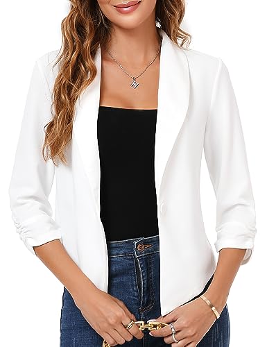 White Blazer Jacket for Women Fall Lightweight Crop Blazer Stretchy Ruched Sleeve Office Outfits Shrugs Middle3