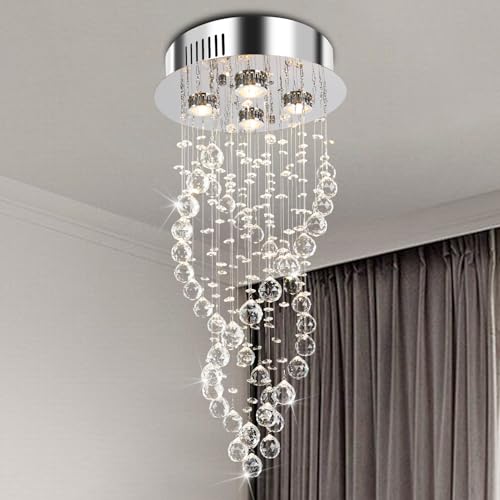 Image of Crystal Chandelier Spiral, Modern Spiral Raindrop Crystal Chandelier 4-Lights Flush Mount Lamp Ceiling Lighting for Dining Room, Bedroom, Living Room, Foyer, Staircase