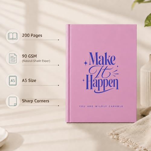 Image of Make It Happen A5 Diary Notebook for Women and Girls, Pink Hardbound, 200 Ruled Pages 90 GSM, Motivational Diary for Office and Gifting