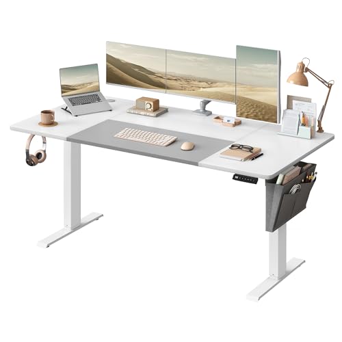 SONGMICS Escritorio Eléctrico, Regulable en Altura, 160 x 70 cm, Regulación Continua, 4 Alturas de Memoria, Blanco Nube y Gris Paloma LSD026W02