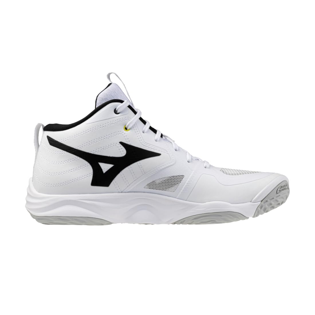 Mizuno Wave Momentum Elite Mid, Chaussures de volley-ball, Blanc/Noir, Amortissement Enerzy, Stabilité Avancée