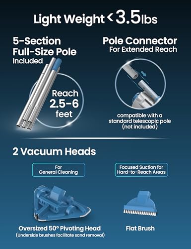 Image of KOKIDO Rechargeable Cordless Pool Vacuum for Above Ground Pool and Pond Cleaner, 72 inch Aluminum Pole, Standard & Fine Filters, 2 Brush Vac Heads, Handheld Pool Cleaner Spot Clean Inground Pools XV320