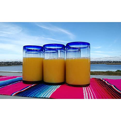 Set de 6 vasos de vidrio soplado con borde azul cobalto 14 oz miniatura 2