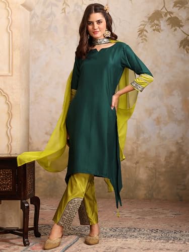 Image of EthnicJunction Women's Cotton Silk Embroidered Asymmetric Kurta Pant with Choker Dupatta Set | Wedding Outfit | Heavy | Kurta Set | Ethnic Set